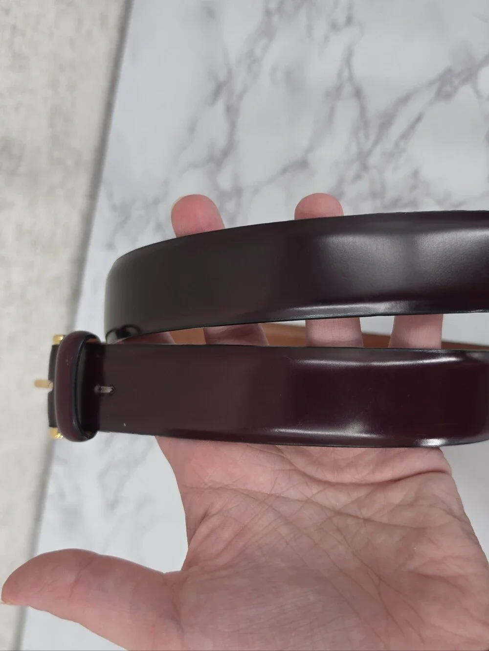 Cole Haan Men's Leather Belt in Deep Burgundy with Gold Tone Brass Buckle